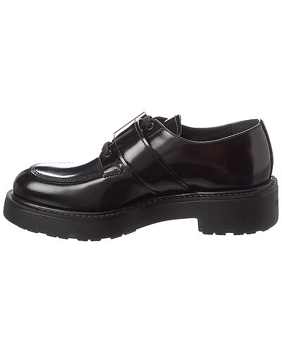 Prada Black Brushed Leather Lace-Up Derby Shoes with Buckle Detail