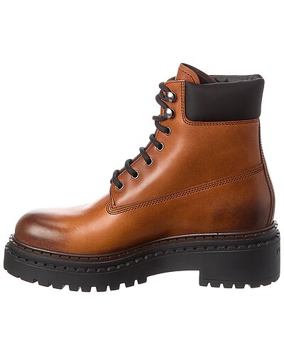 Prada Tobacco Leather Lace-Up Lug Sole Ankle Boots