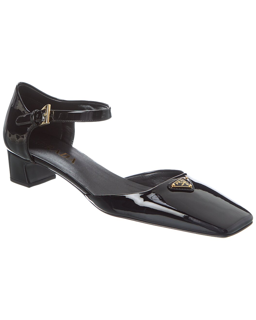 Prada Black Patent Leather Logo Square-Toe Ankle Strap Pumps