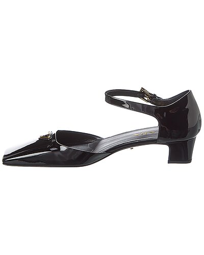 Prada Black Patent Leather Logo Square-Toe Ankle Strap Pumps