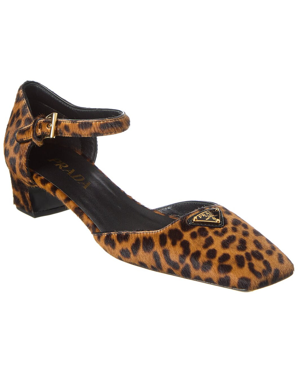 Prada Leopard Print Calf Hair Logo Pumps with Ankle Strap