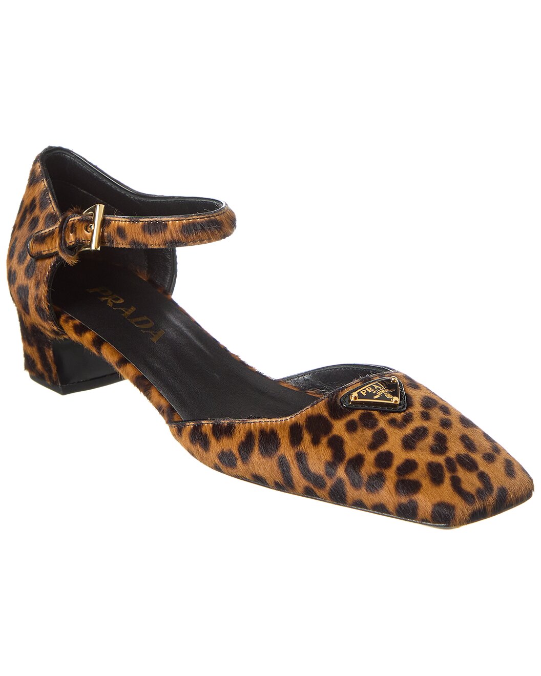 Prada Leopard Print Calf Hair Logo Pumps with Ankle Strap