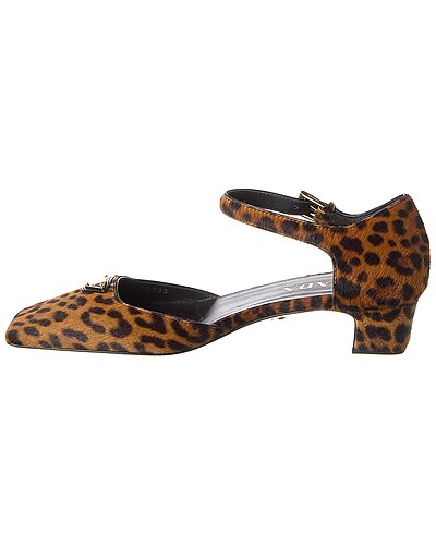 Prada Leopard Print Calf Hair Logo Pumps with Ankle Strap