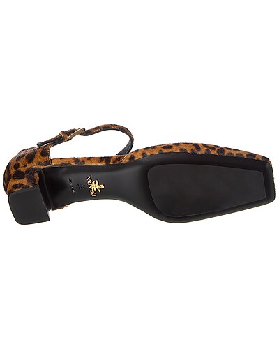 Prada Leopard Print Calf Hair Logo Pumps with Ankle Strap