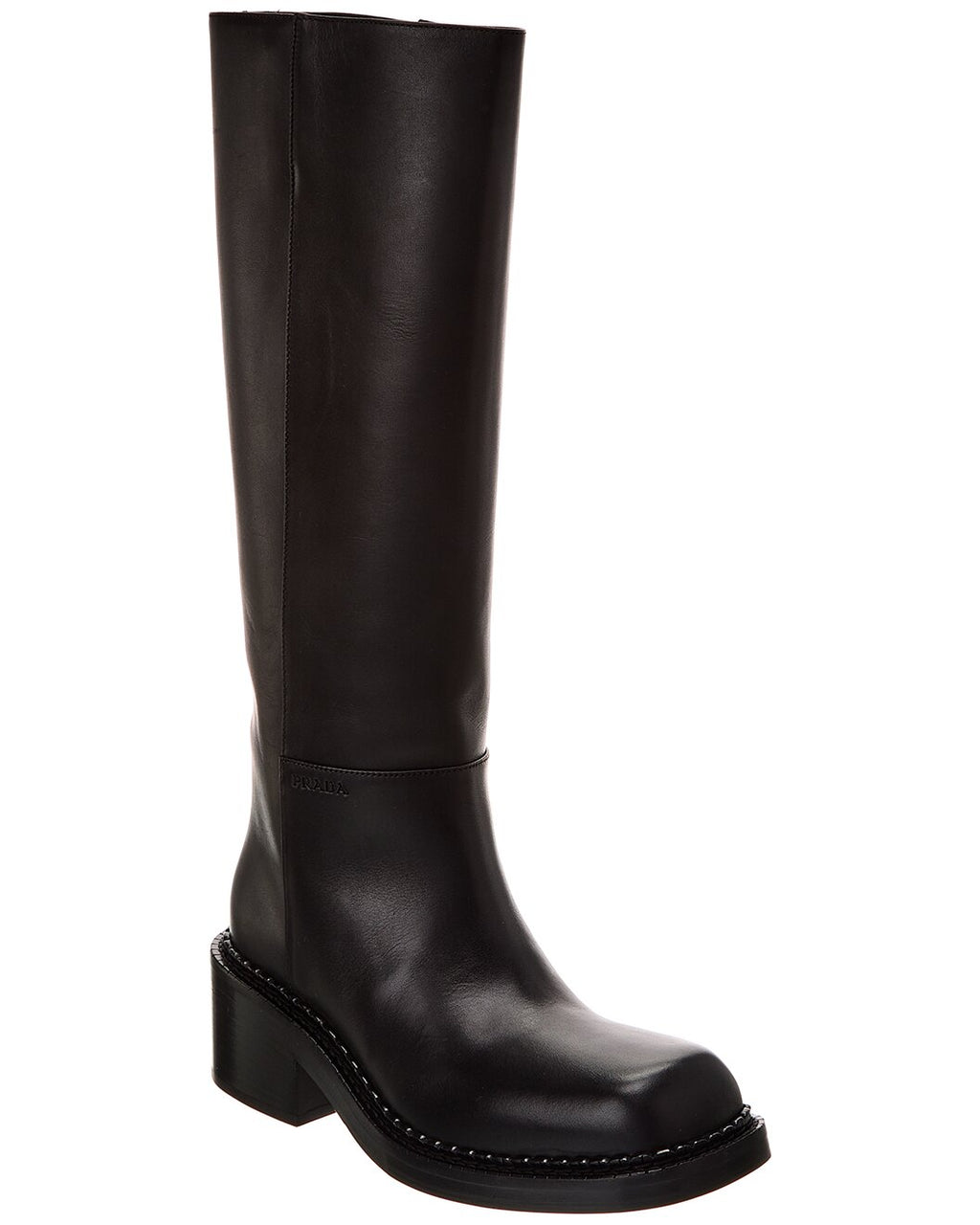 Prada Black Leather Mid-Calf Block Heel Boots