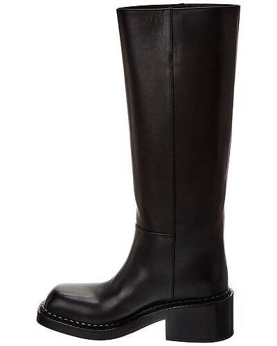 Prada Black Leather Mid-Calf Block Heel Boots
