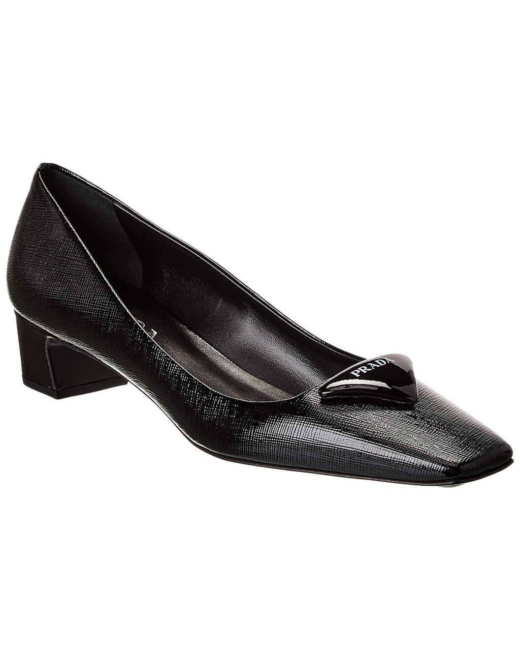 Prada Black Saffiano Leather Logo Plaque Block Heel Pumps