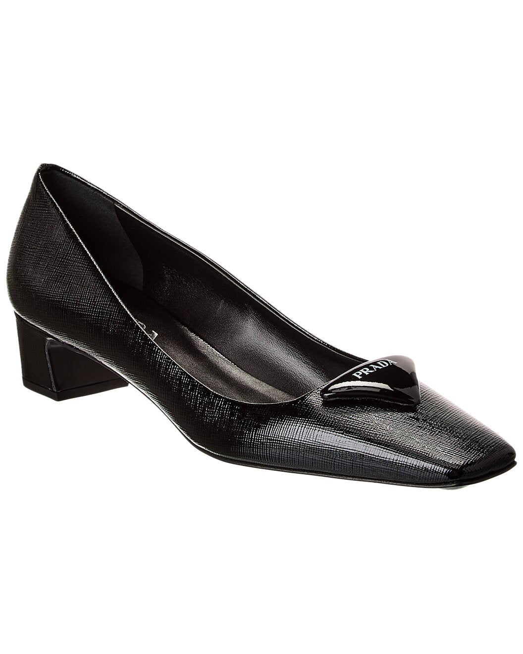 Prada Black Saffiano Leather Logo Plaque Block Heel Pumps