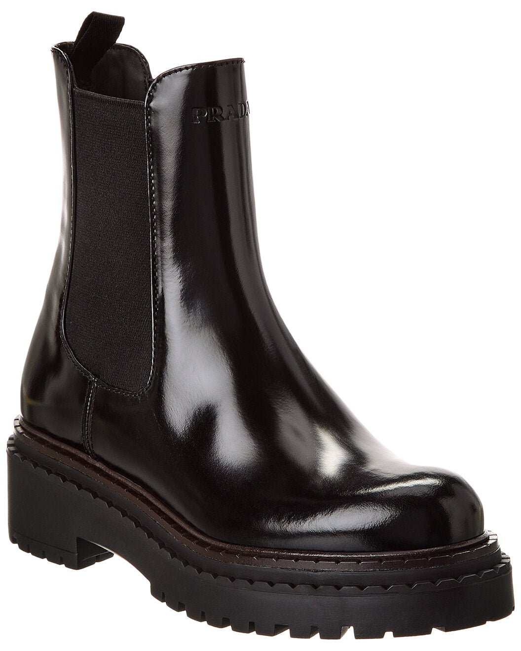 Prada Black Glossed Leather Lug-Sole Chelsea Boots