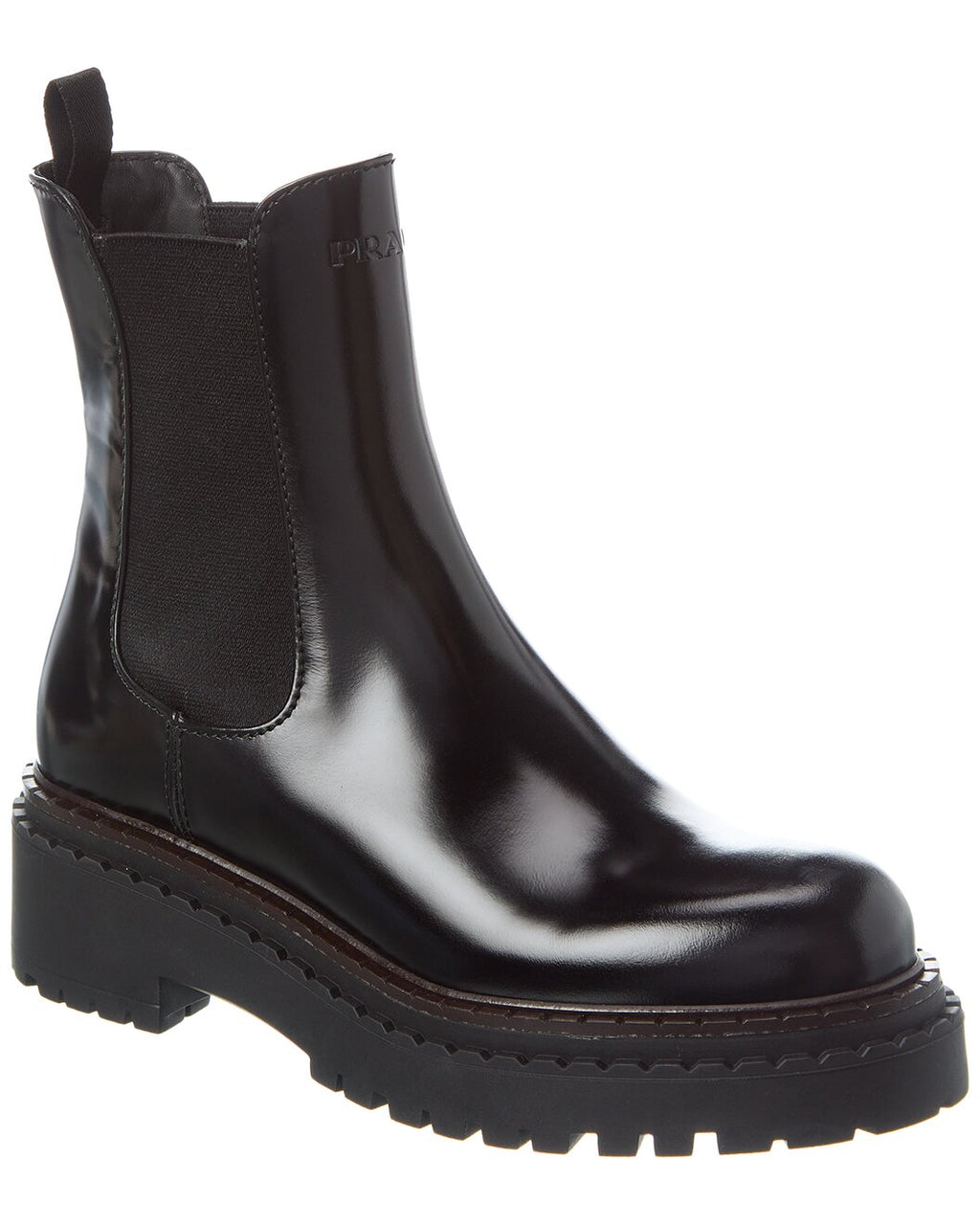 Prada Black Glossed Leather Lug Sole Chelsea Boots