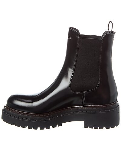 Prada Black Glossed Leather Lug Sole Chelsea Boots