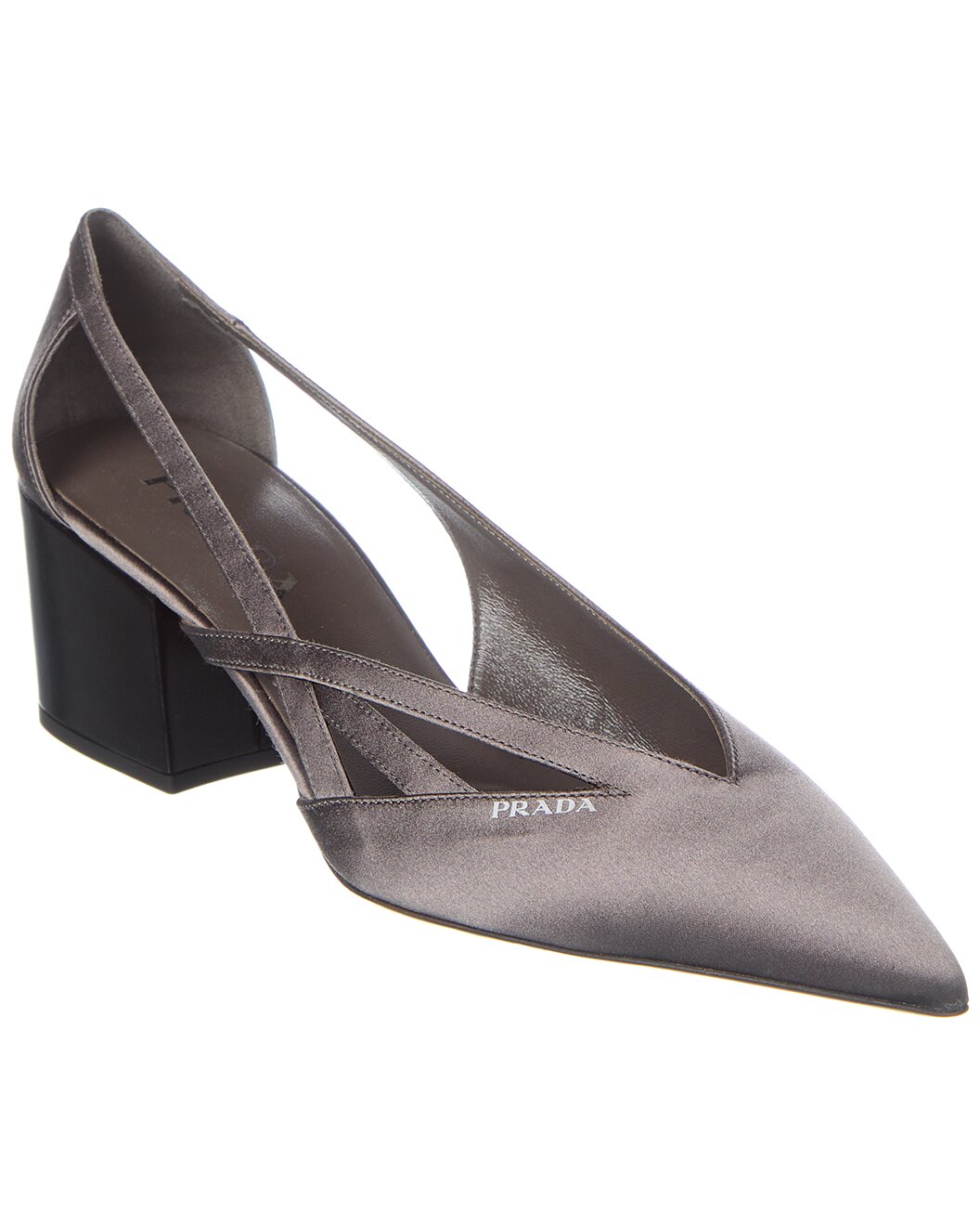 Prada Gunmetal Satin Cutout Block Heel Pumps
