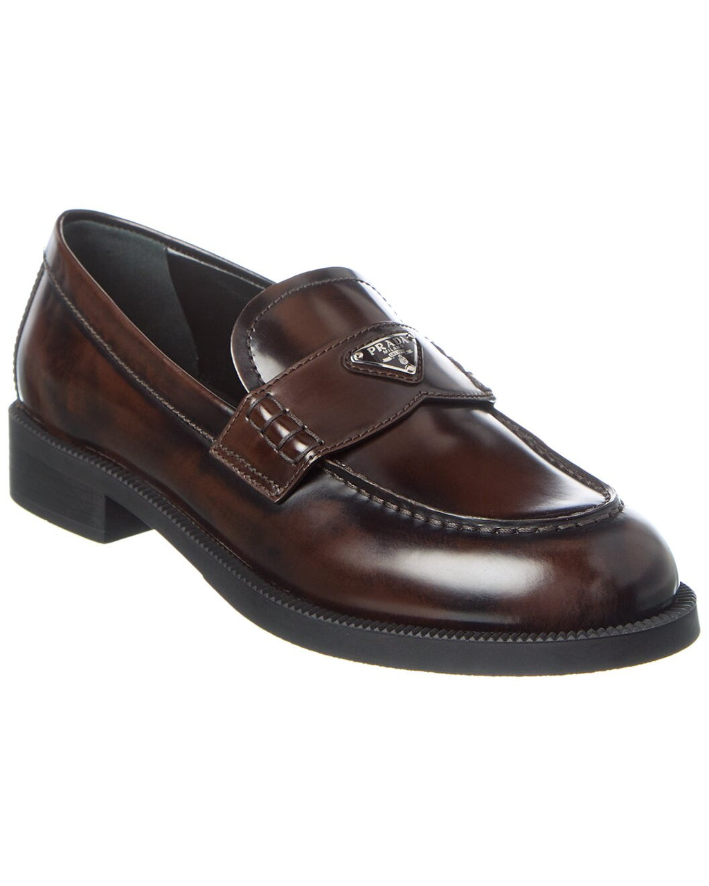 Prada Brushed Leather Brown Logo Penny Loafers