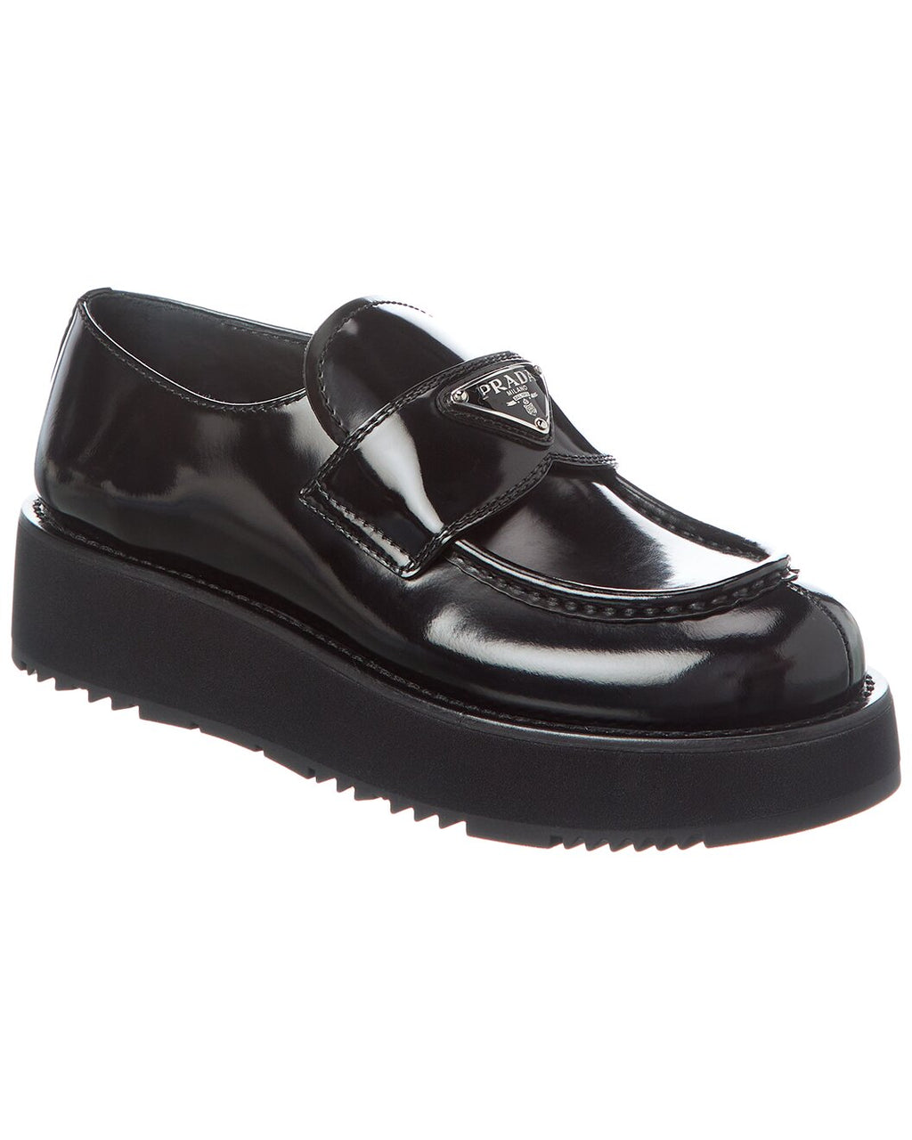 Prada Black Brushed Leather Platform Loafers with Logo Plaque