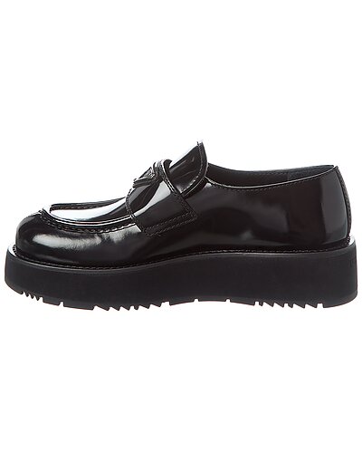 Prada Black Brushed Leather Platform Loafers with Logo Plaque