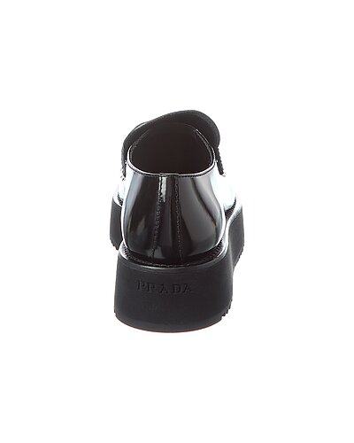 Prada Black Brushed Leather Platform Loafers with Logo Plaque