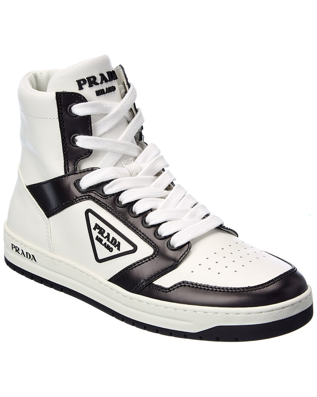 Prada White & Black Leather High-Top Sneakers