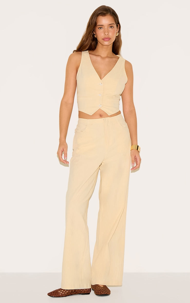 Butter Yellow Linen Look Mid Rise Wide Leg Trouser