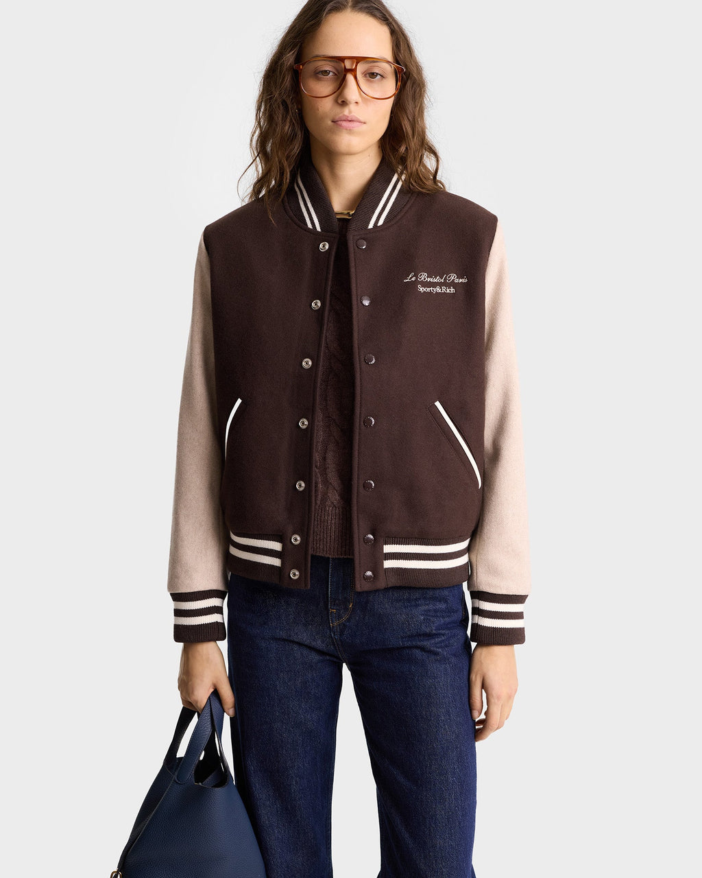 Faubourg Wool Varsity Jacket - Chocolate/Cream