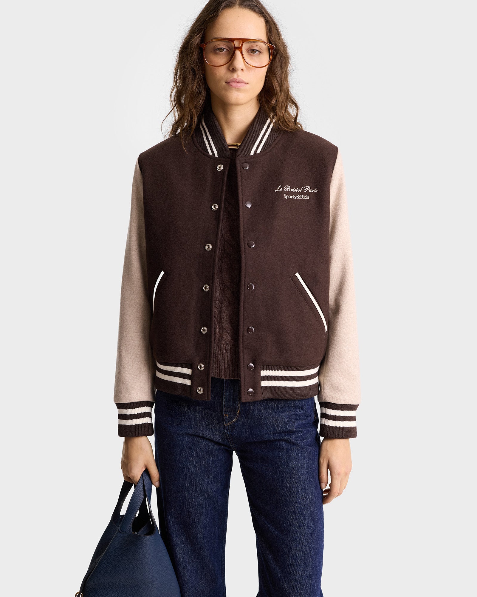 Faubourg Wool Varsity Jacket - Chocolate/Cream
