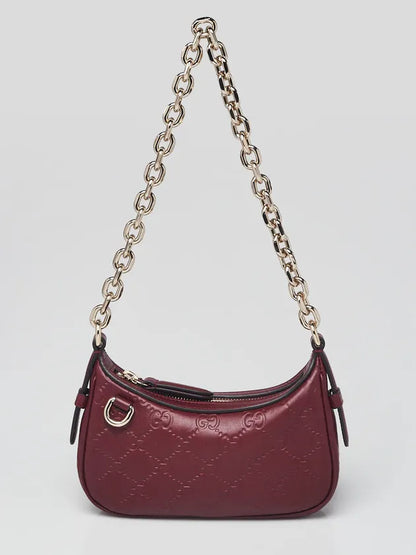 Gucci Bordeaux Embossed Leather Mini Emblem Chain Shoulder Bag