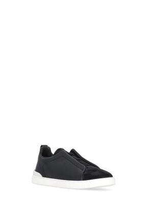 Z Zegna Men’s Triple Stitch™ Black Suede & Garnet Leather Sneakers – Cross Elastic, Lightweight Sole