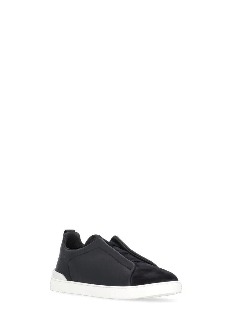 Z Zegna Men’s Triple Stitch™ Black Suede & Garnet Leather Sneakers – Cross Elastic, Lightweight Sole