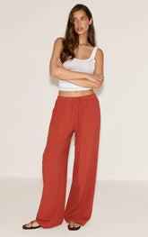 Rust Linen Blend Drawstring Tie Straight Leg Trousers