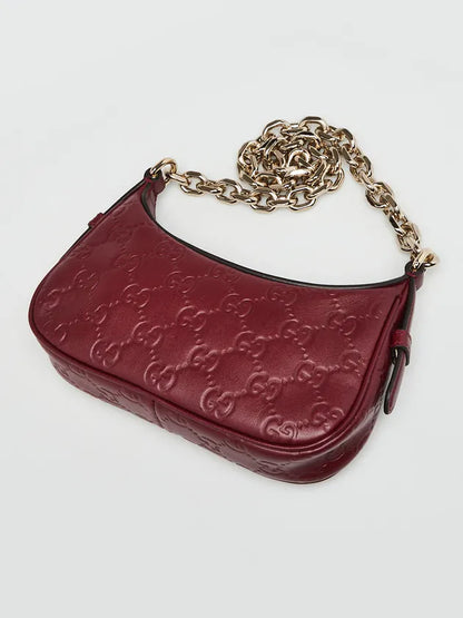 Gucci Bordeaux Embossed Leather Mini Emblem Chain Shoulder Bag