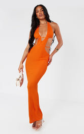 Orange Textured Sheer Knit Ruched Cut Out Halterneck Dress
