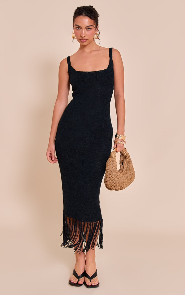 Black Maxi Fringe Knit Dress