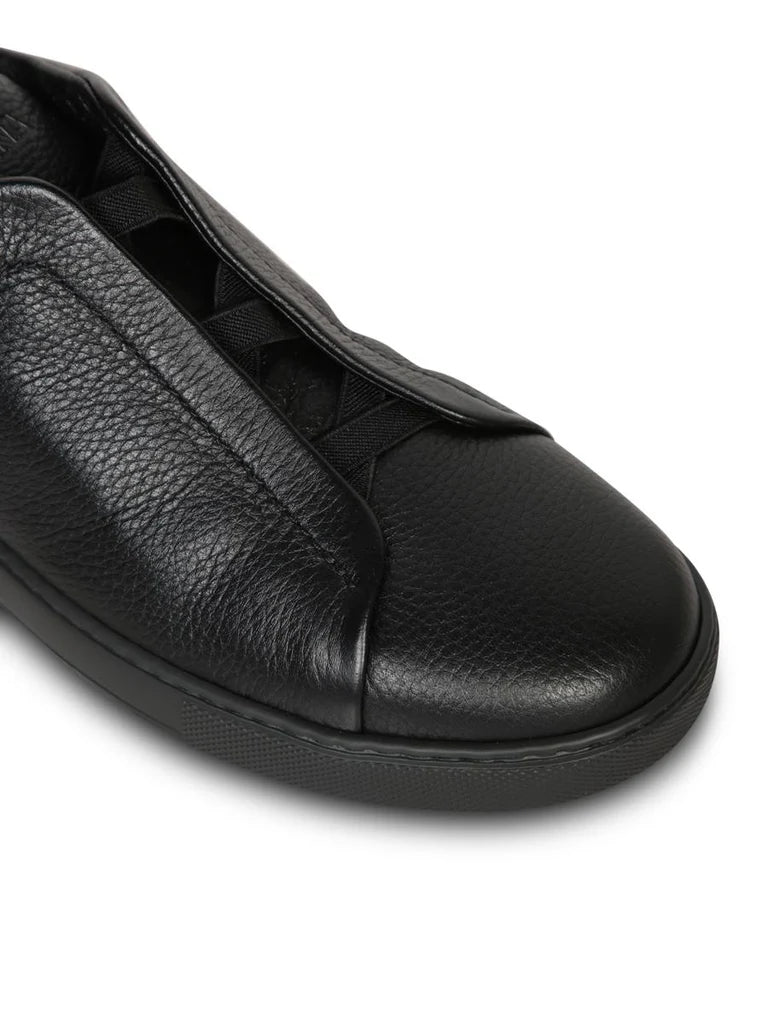 Zegna Men's Triple Stitch Black Leather Slip-On Sneakers – Contemporary Comfort