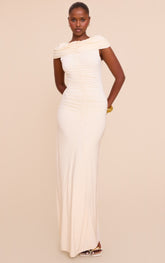 Almond Slinky Bardot Ruched Detailing Maxi Dress
