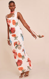 White Floral Print Chiffon Scarf Maxi Dress