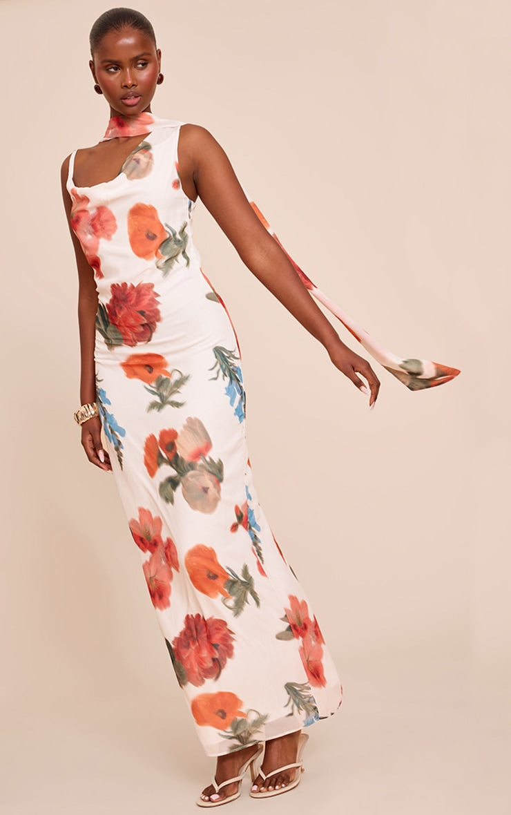 White Floral Print Chiffon Scarf Maxi Dress