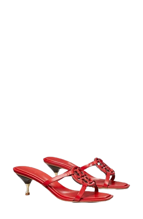 Tory Burch Womens Geo Bombe Miller Triple Red Leather Heeled Sandals Shoes