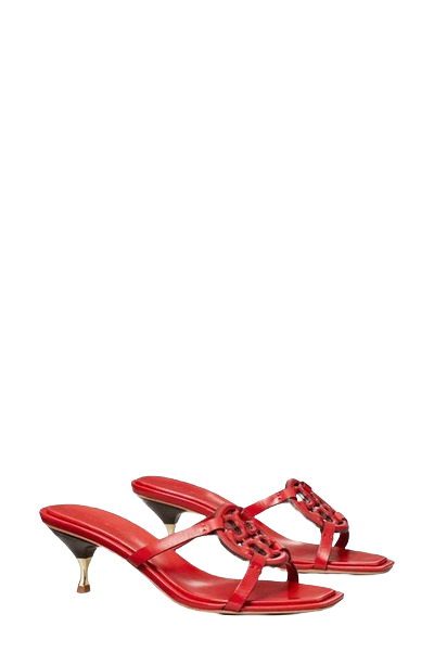Tory Burch Womens Geo Bombe Miller Triple Red Leather Heeled Sandals Shoes