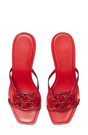Tory Burch Womens Geo Bombe Miller Triple Red Leather Heeled Sandals Shoes