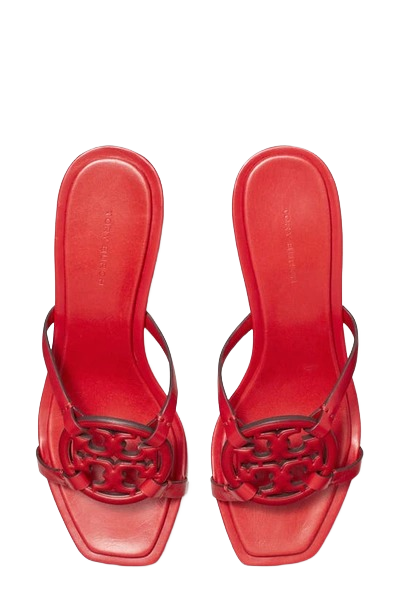 Tory Burch Womens Geo Bombe Miller Triple Red Leather Heeled Sandals Shoes