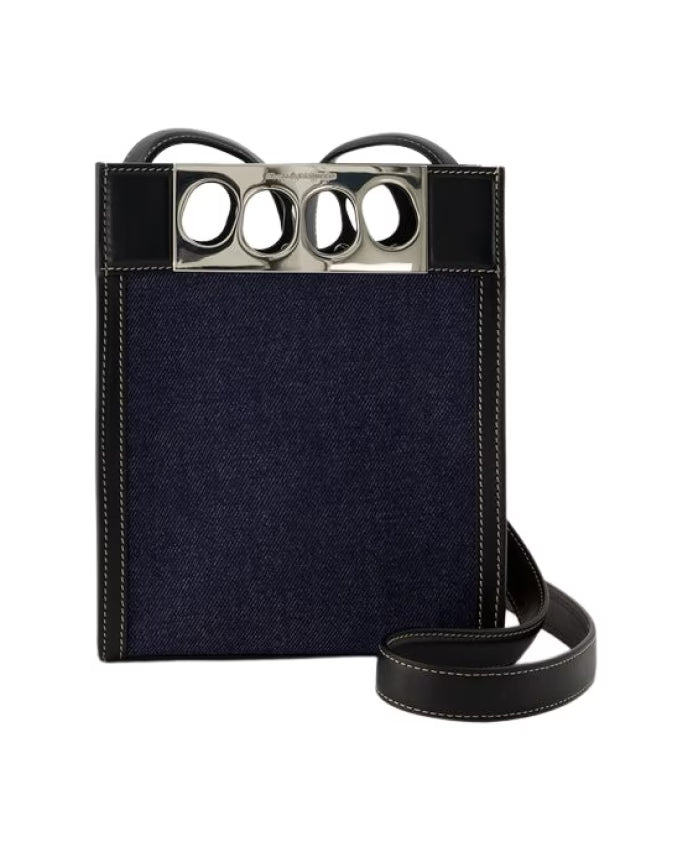 Denim/Black Mini Tote Bag - Leather, Clasp Closure