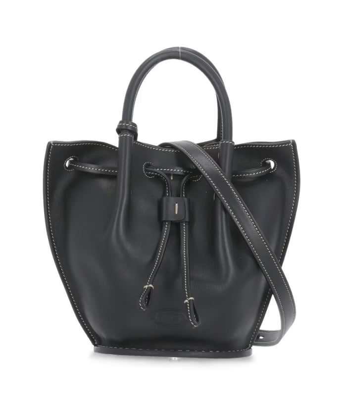 Black leather bucket bag for woman