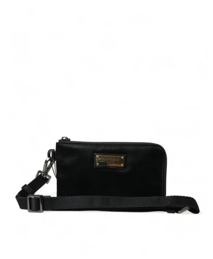 Elegant Black Nylon-Leather Bag with Silver Details