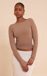 Mocha Stretch Chiffon Cowl Back Long Sleeve Top
