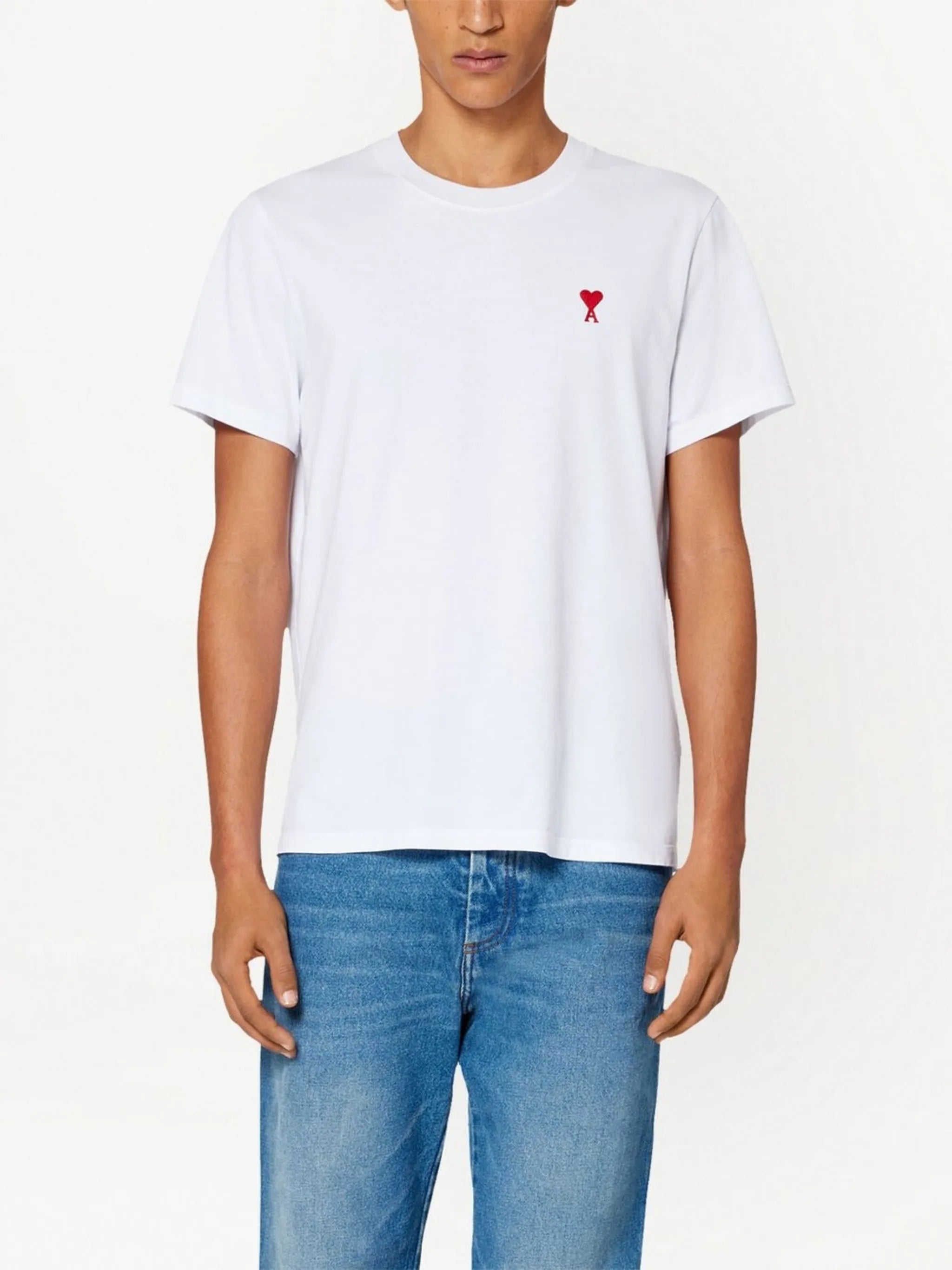 Ami Paris Ami De Coeur Red Embroidered Logo T-Shirt in White