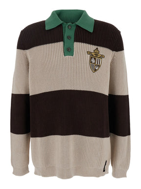 Fendi Brown Knitted Polo with Striped Motif and Fendi Club Patch on the Front in Cotton Man