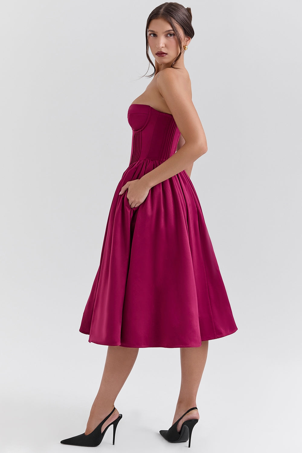 Burgundy satin tulle midi dress