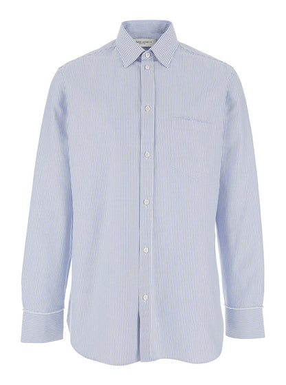 Golden goose Light Blue Shirt with Classic Collar and All-Over Striped Motif in Cotton Man