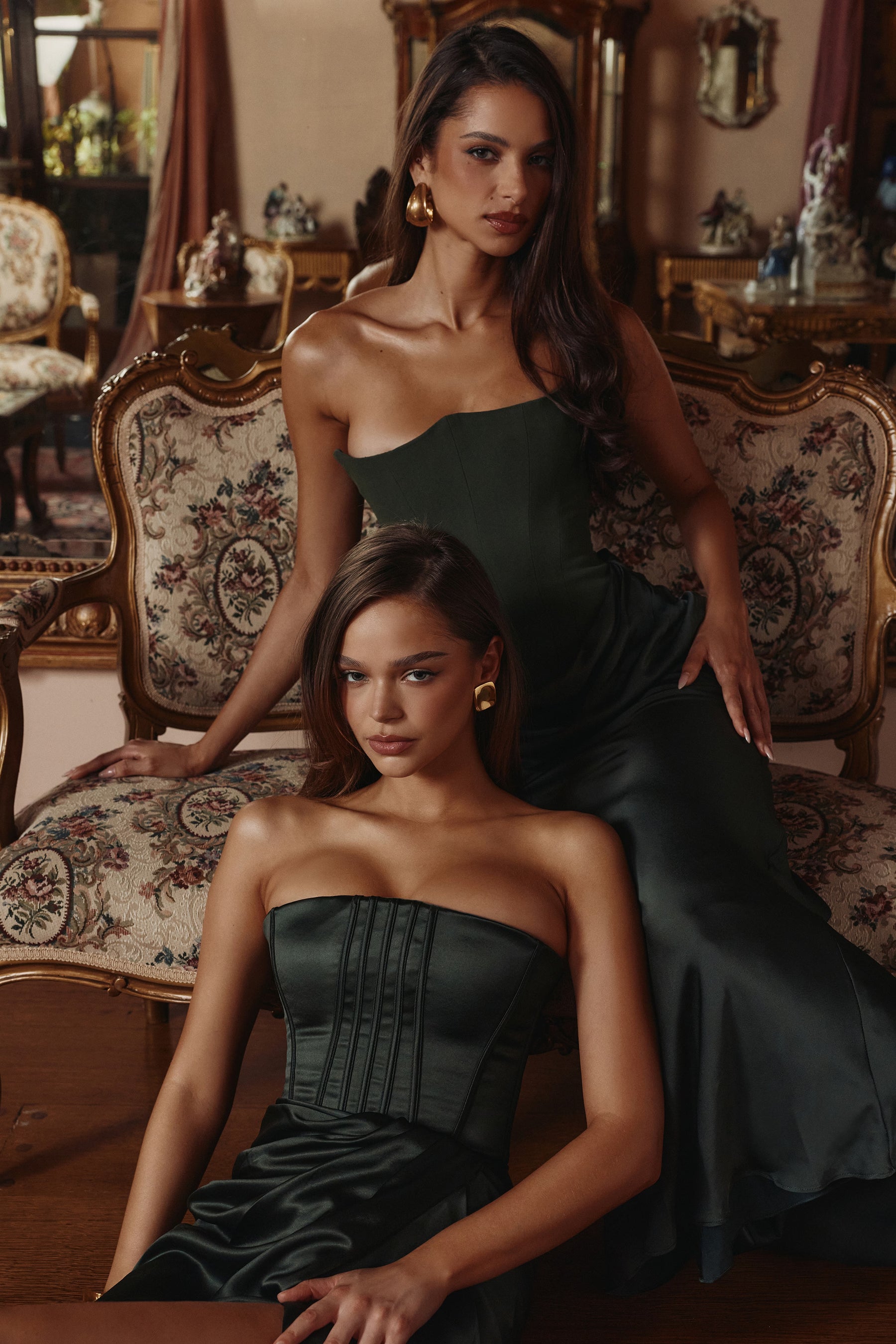 Carelle forest green satin strapless maxi dress