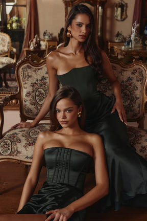 Carelle forest green satin strapless maxi dress