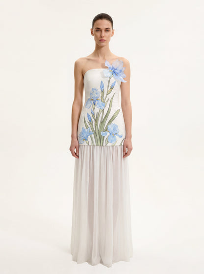 Floral Print Strapless Mixed Maxi Dress - Ivory